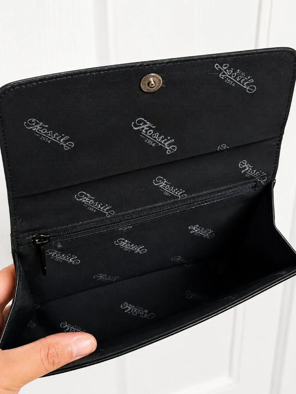 Vintage Fossil Black Leather Crossbody Organizer Wallet Purse